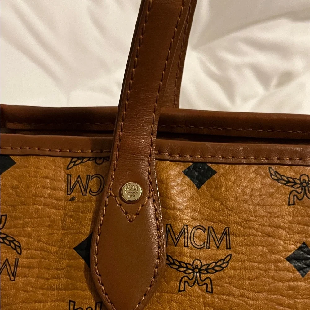 MCM Cognac Brown Visetos Small Tote with Navy and Orange Stripes